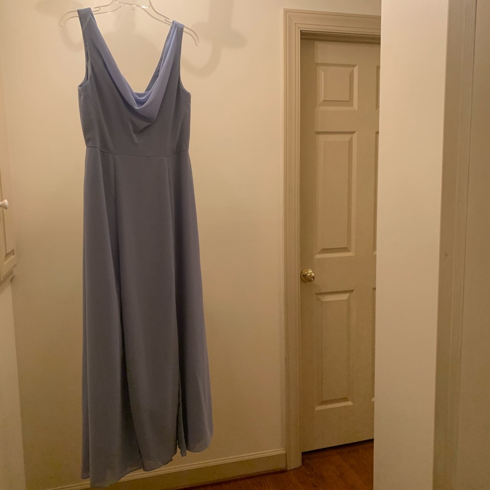 Social Bridesmaids dusty blue floor length gown